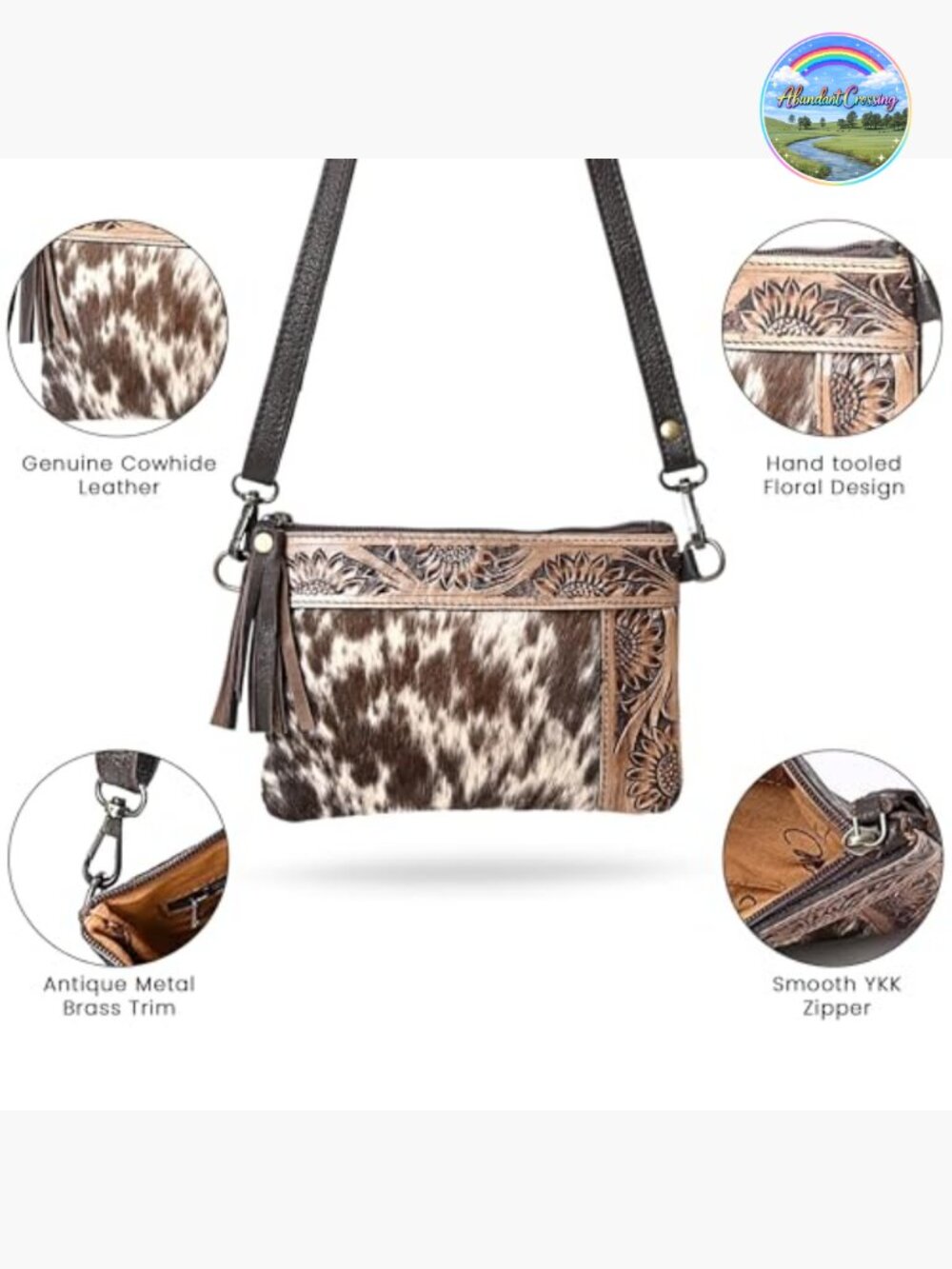 Natural Cowhide Leather Shoulder Bag Crossbody with Adjustable Strap - Picture 4 of 7